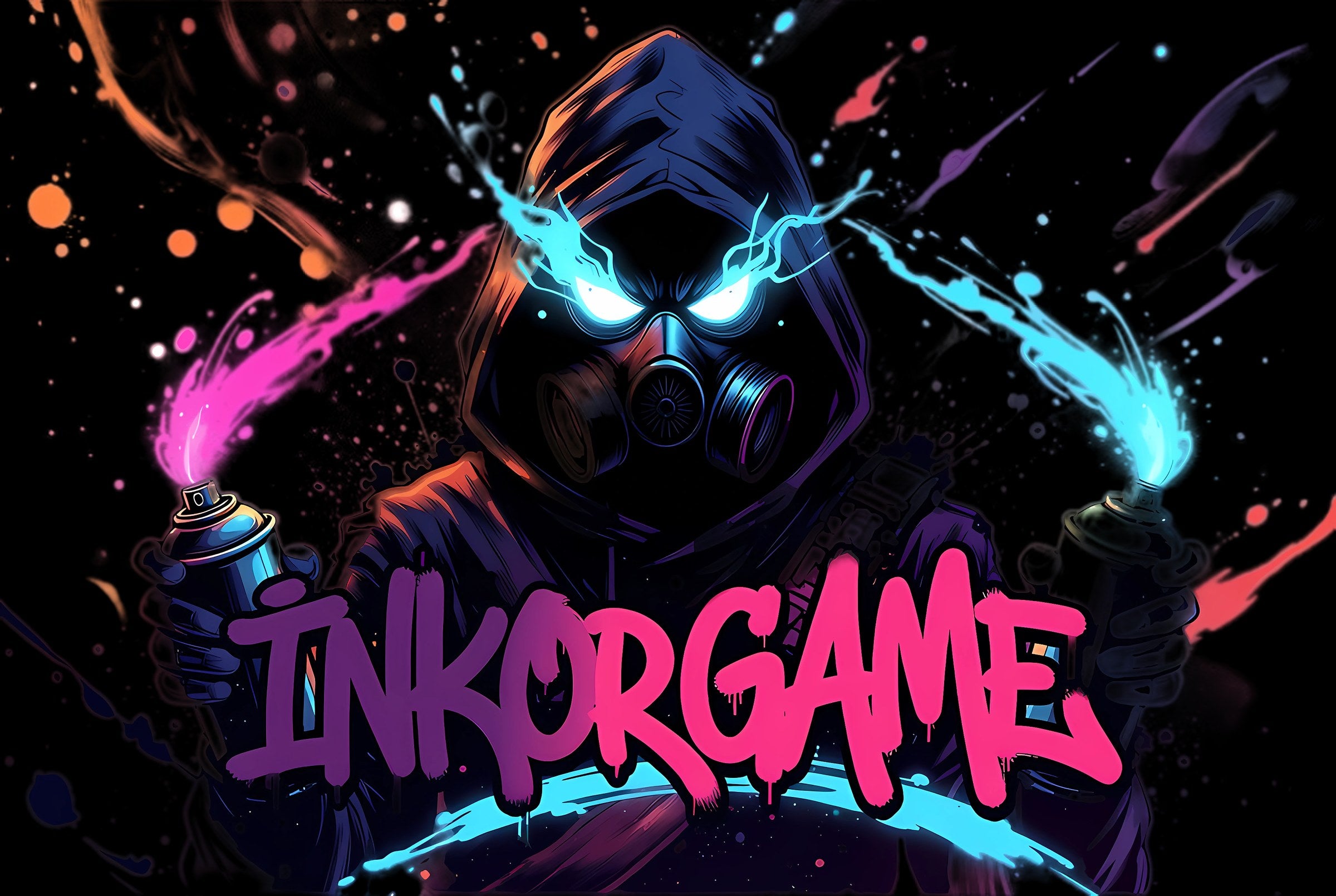 A stylized digital illustration of a hooded figure wearing a gas mask, holding neon pink and cyan spray-paint cans against a dark background, with the large text 'INKORGAME' across the bottom.