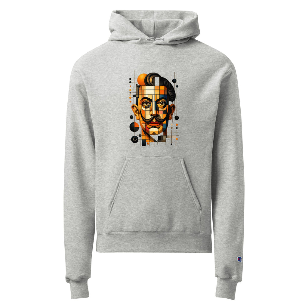 Light steel unisex Champion hoodie with Dali print design, front view – iNKORART Studio