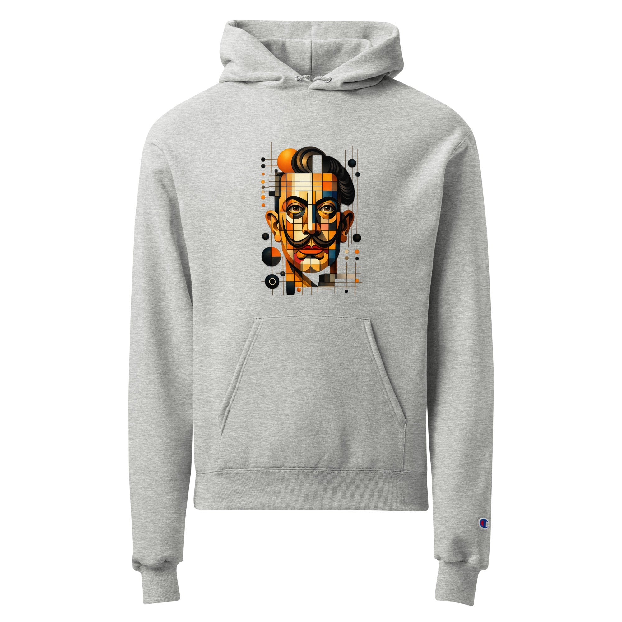 Light steel unisex Champion hoodie with Dali print design, front view – iNKORART Studio