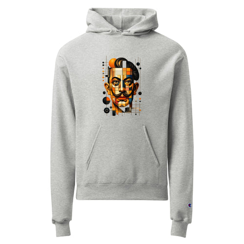 Light steel unisex Champion hoodie with Dali print design, front view – iNKORART Studio