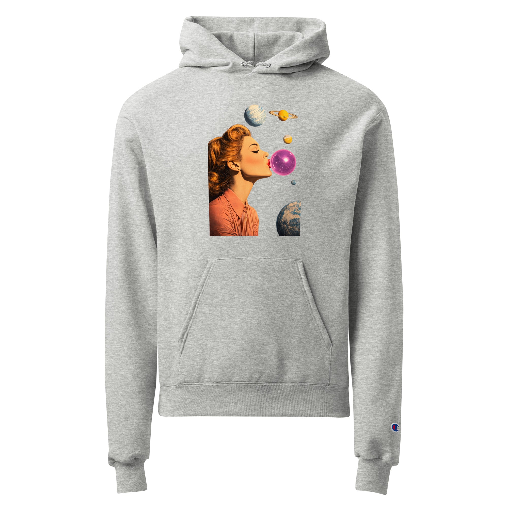 Light steel unisex Champion hoodie with Lady Space print design, front view – iNKORART Studio