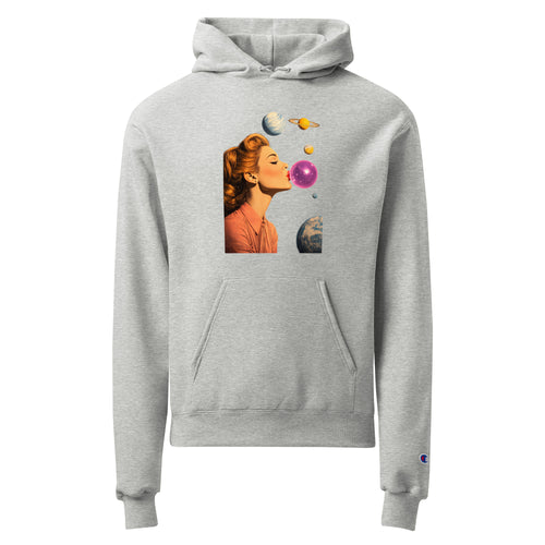 Light steel unisex Champion hoodie with Lady Space print design, front view – iNKORART Studio