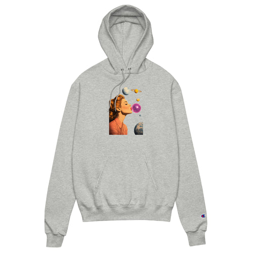 Light steel unisex Champion hoodie with Lady Space print design, front view – iNKORART Studio