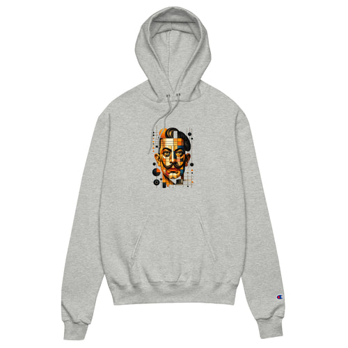 Light steel unisex Champion hoodie with Dali print design, front view – iNKORART Studio