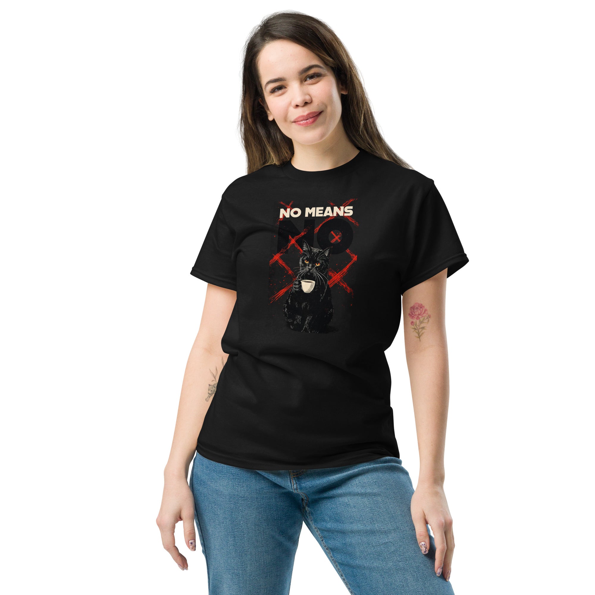 Black unisex classic tee with Cat No Means No print design, front view – iNKORART Studio