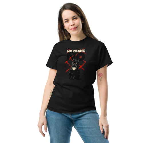 Black unisex classic tee with Cat No Means No print design, front view – iNKORART Studio