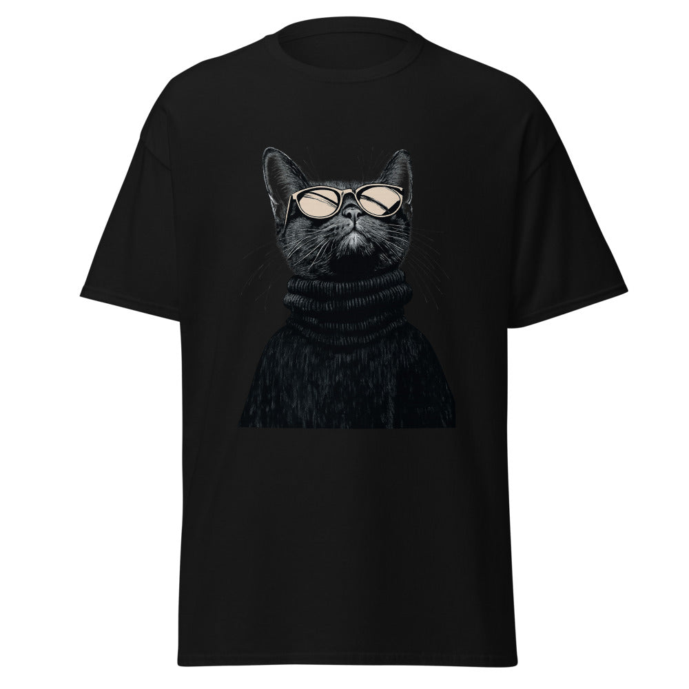 Black unisex classic tee with Retro Glasses Cat print design, front view – iNKORART Studio