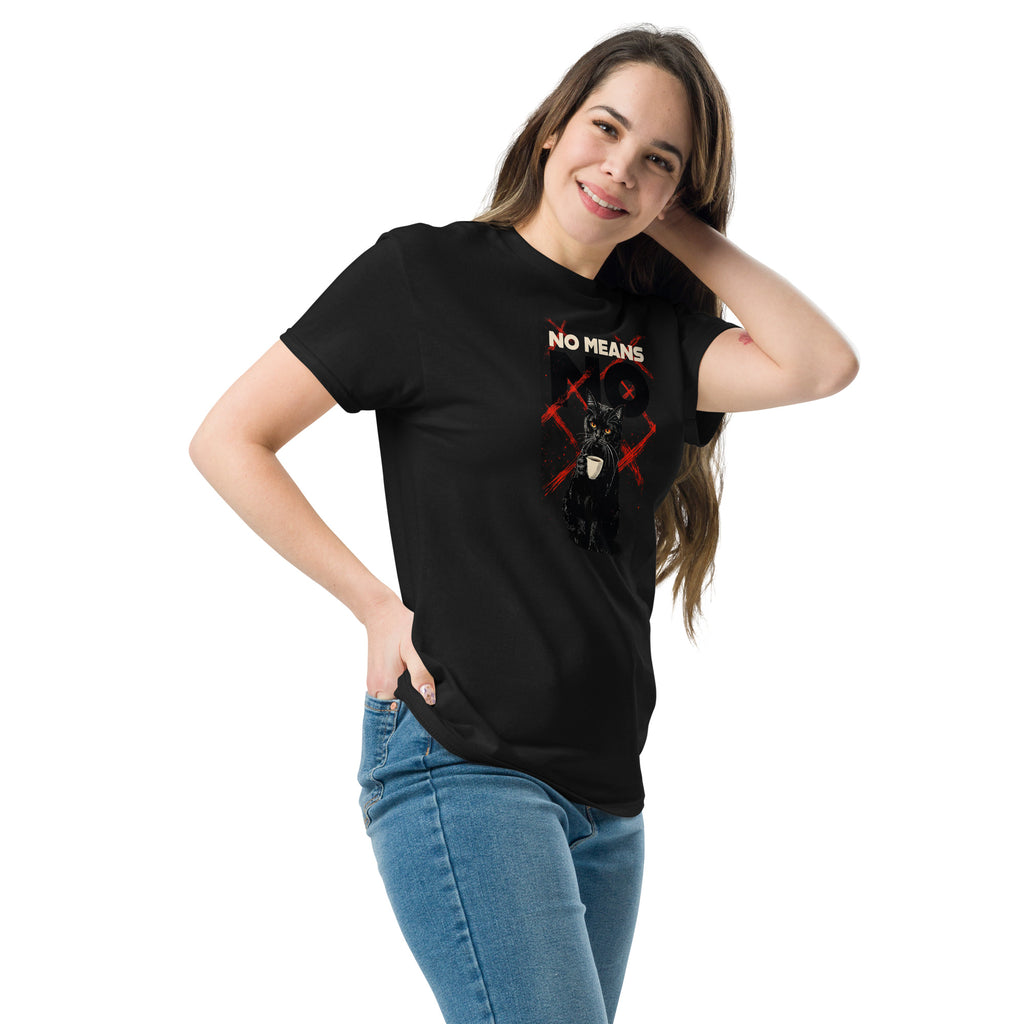 Black unisex classic tee with Cat No Means No print design, front-left angle view – iNKORART Studio