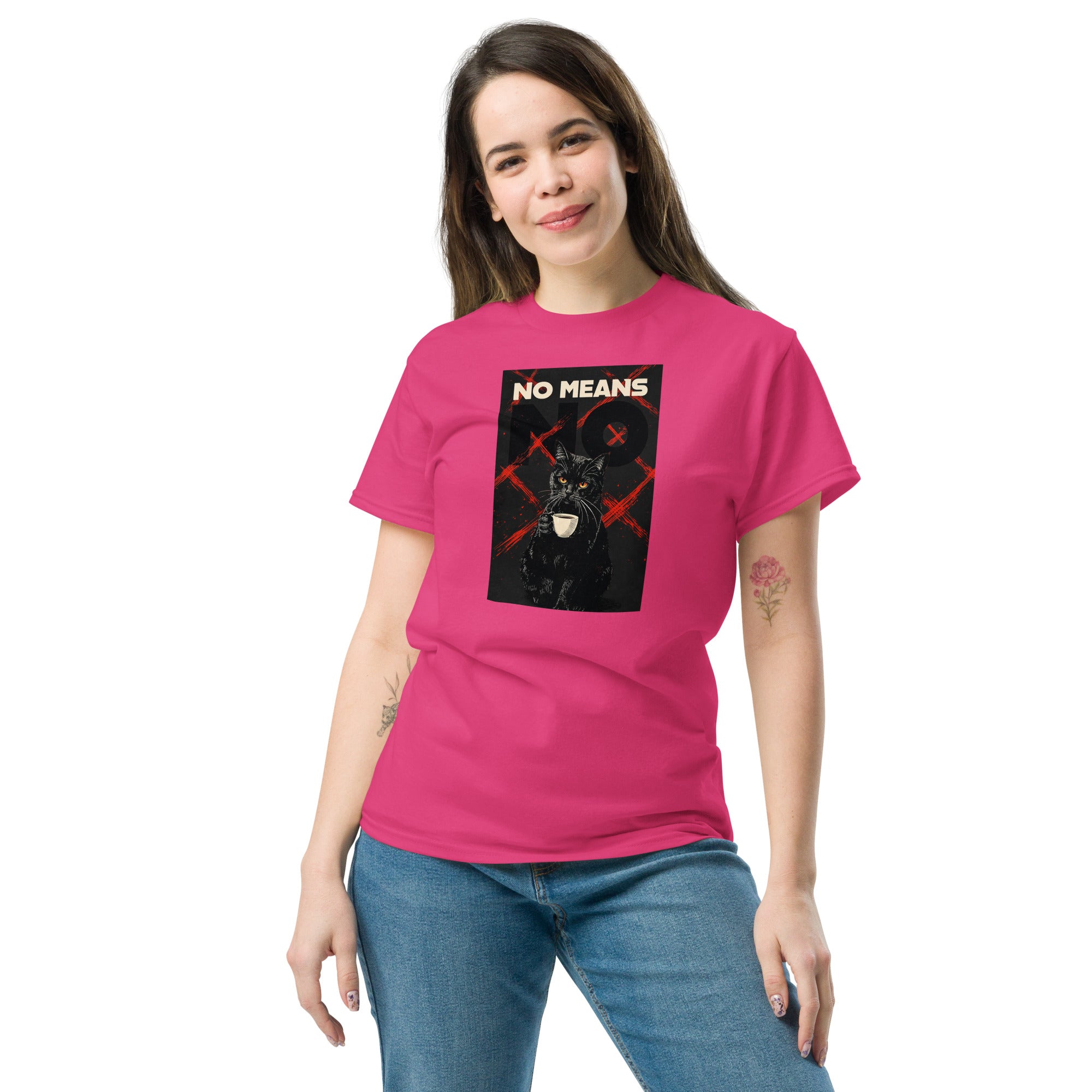 Heliconia unisex classic tee with Cat No Means No print design, front view – iNKORART Studio
