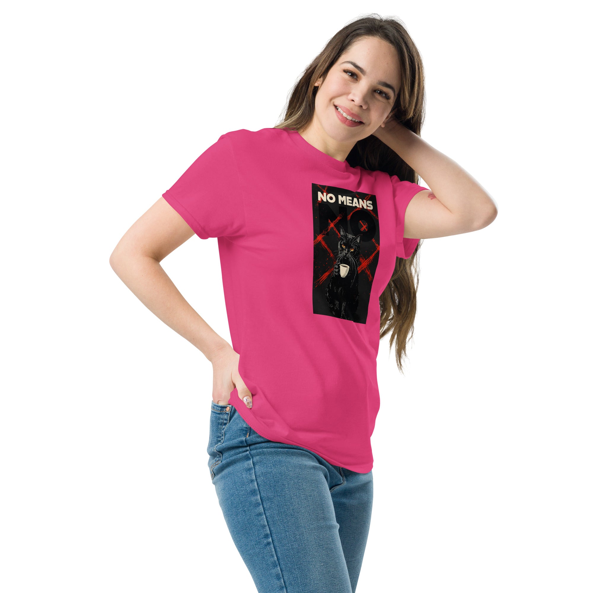 Heliconia unisex classic tee with Cat No Means No print design, front-left angle view – iNKORART Studio
