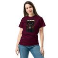 Maroon unisex classic tee with Cat No Means No print design, front view – iNKORART Studio
