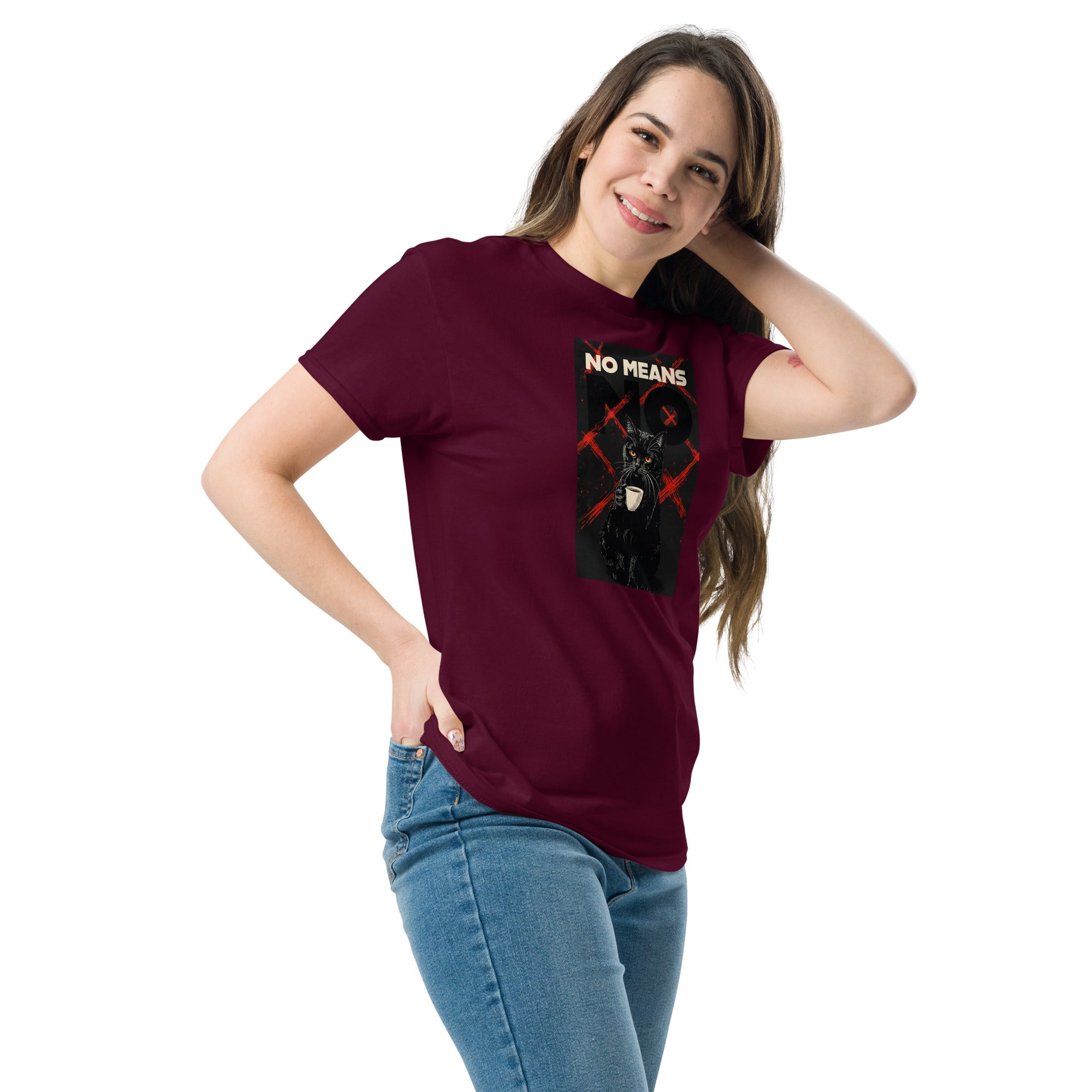Maroon unisex classic tee with Cat No Means No print design, front-left angle view – iNKORART Studio