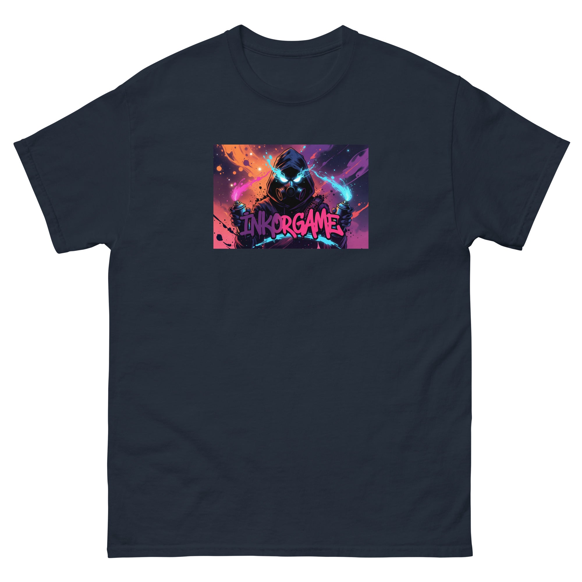 Navy unisex classic tee with Inkorgame print design, front view – iNKORART Studio