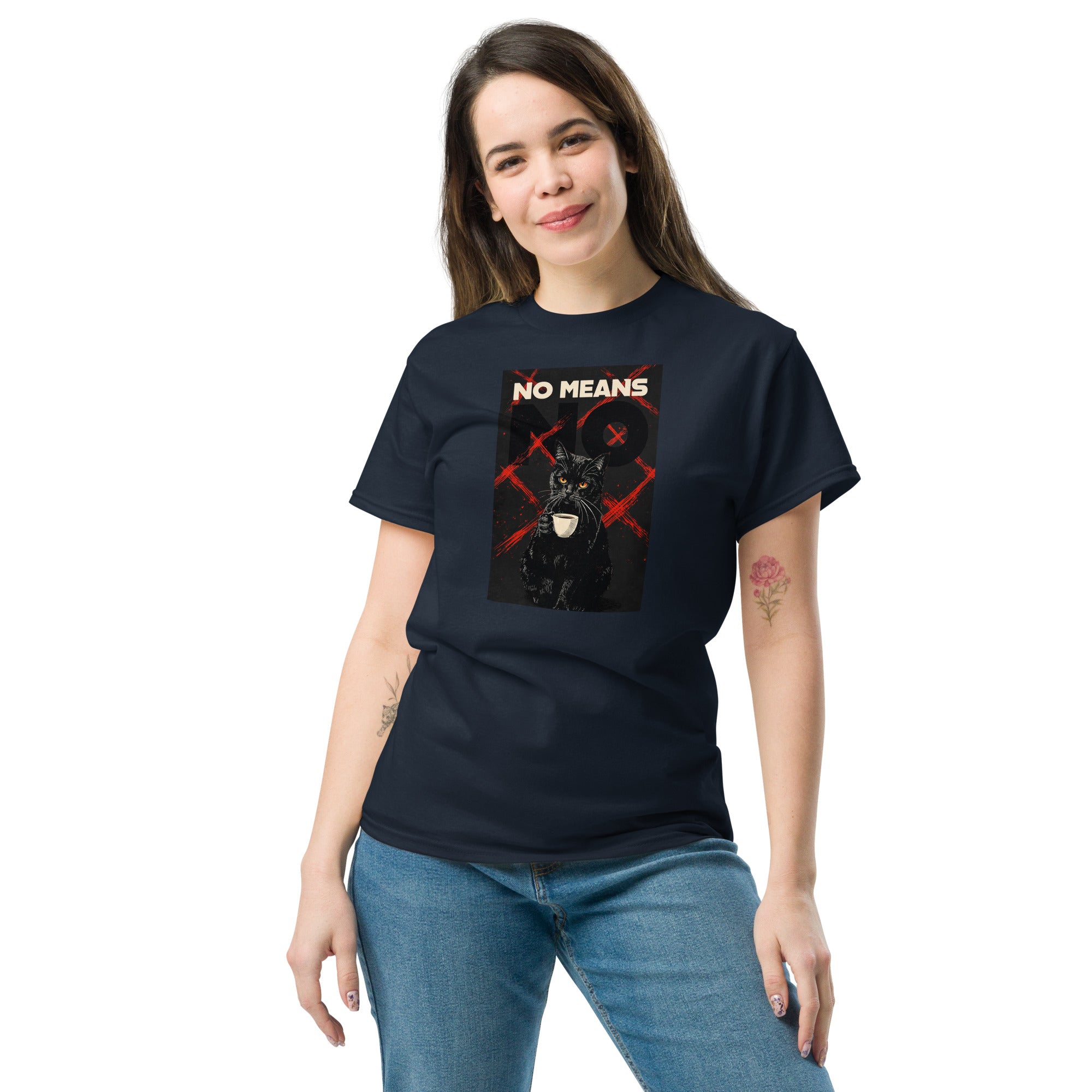 Navy unisex classic tee with Cat No Means No print design, front view – iNKORART Studio