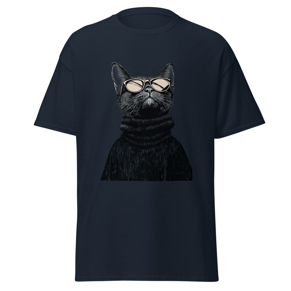 Navy unisex classic tee with Retro Glasses Cat print design, front view – iNKORART Studio