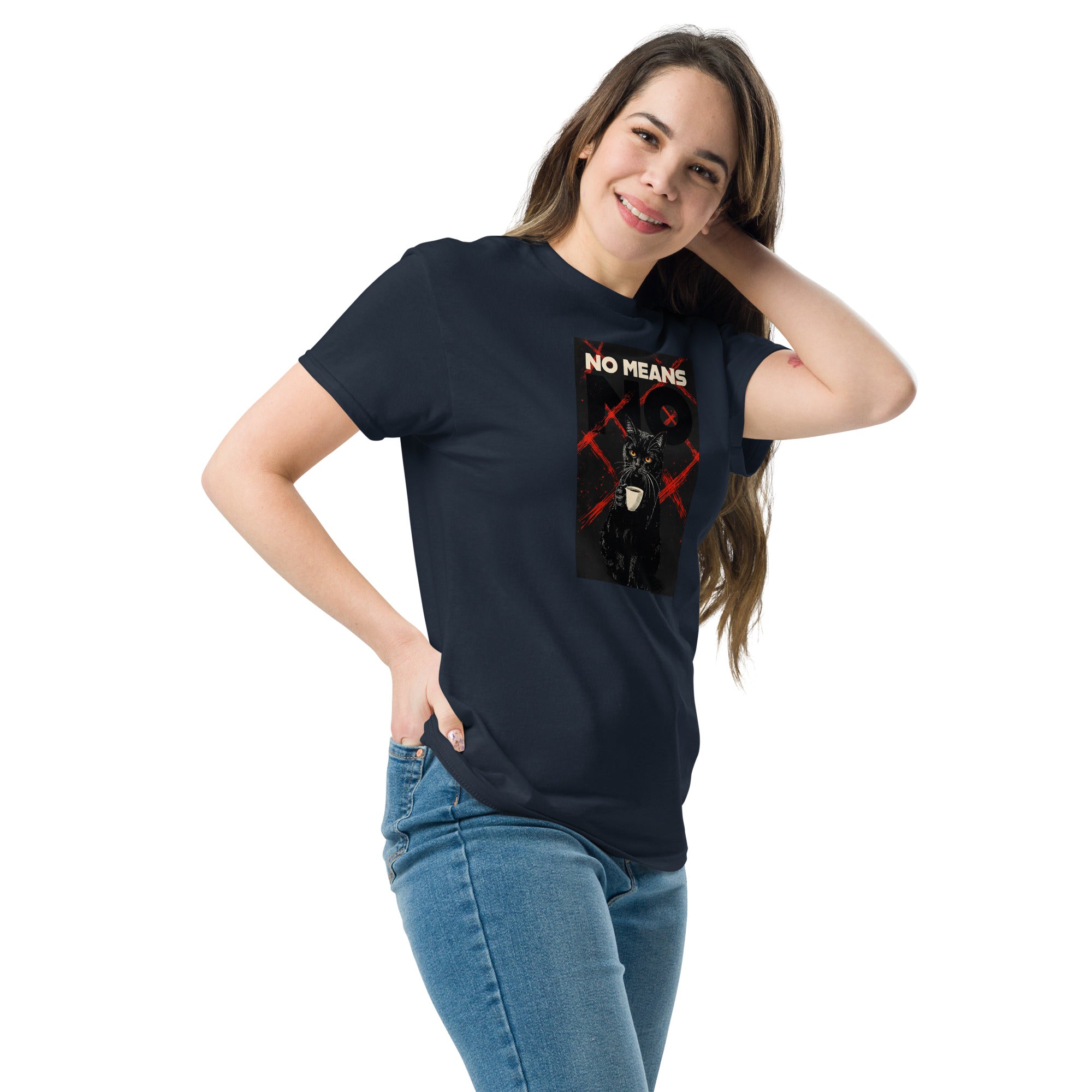 Navy unisex classic tee with Cat No Means No print design, front-left angle view – iNKORART Studio