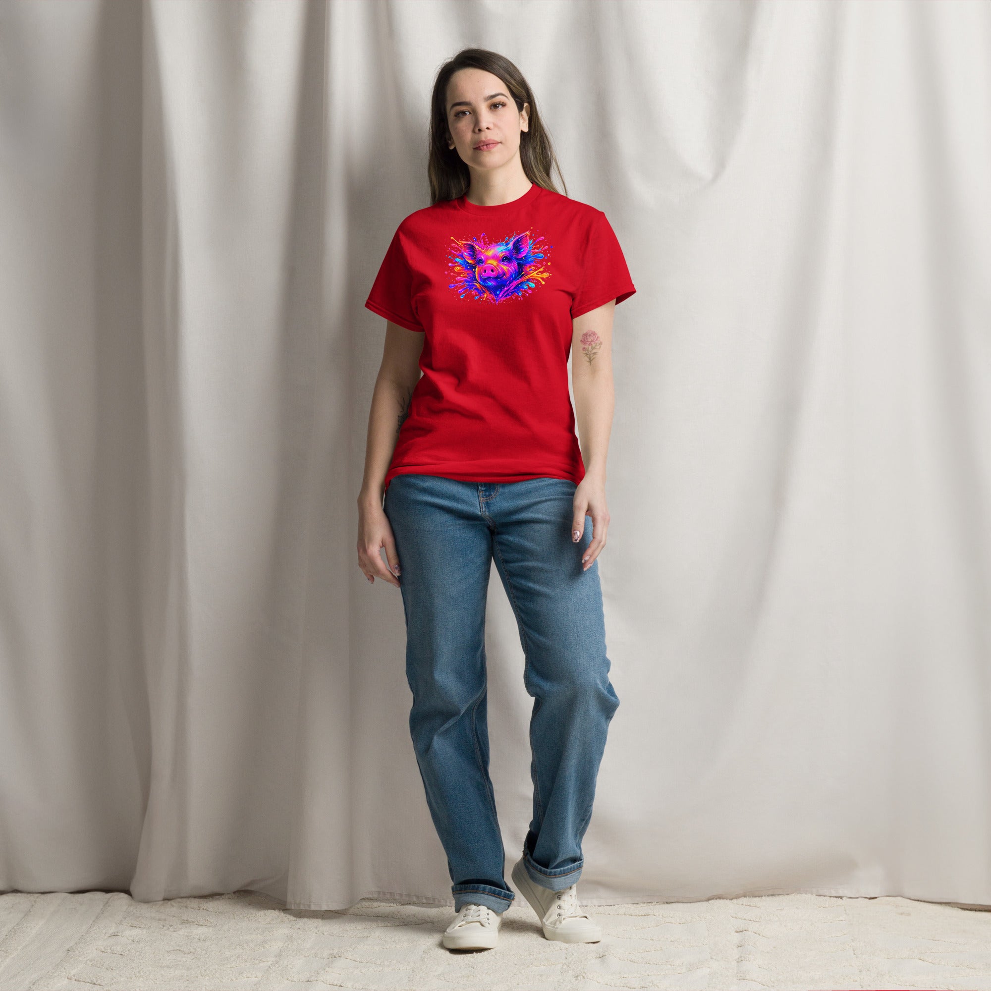 Red unisex classic tee with Cute Pig print design, front view – iNKORART Studio