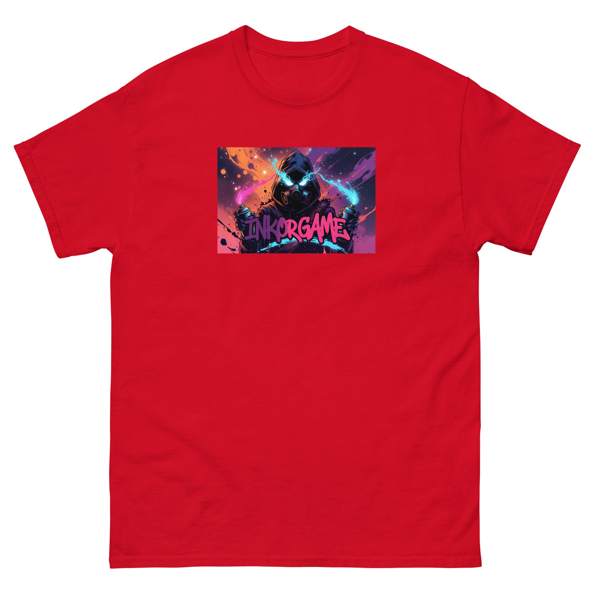 Red unisex classic tee with Inkorgame print design, front view – iNKORART Studio