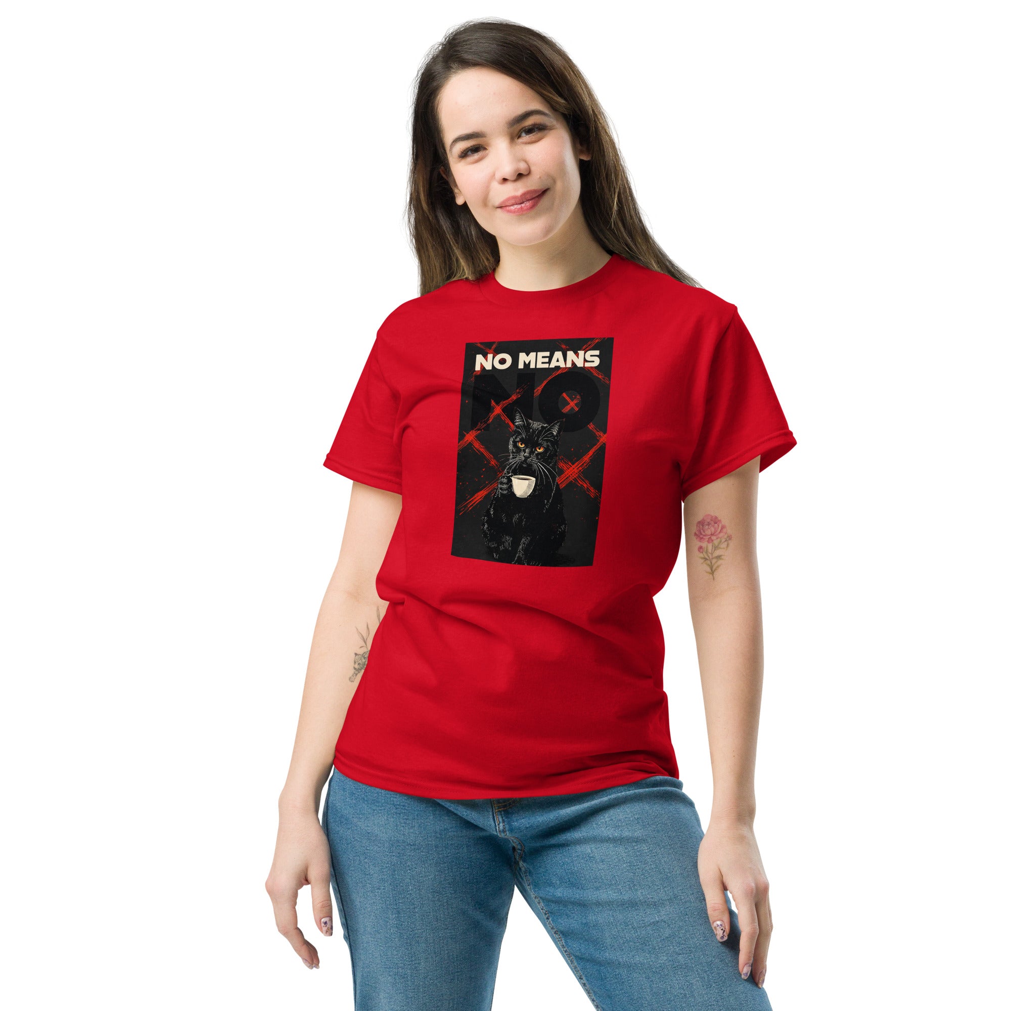 Red unisex classic tee with Cat No Means No print design, front view – iNKORART Studio