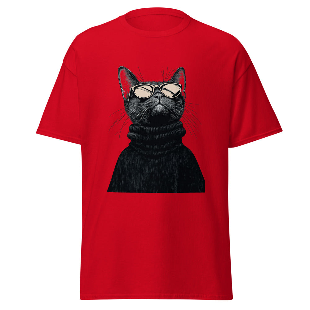 Red unisex classic tee with Retro Glasses Cat print design, front view – iNKORART Studio