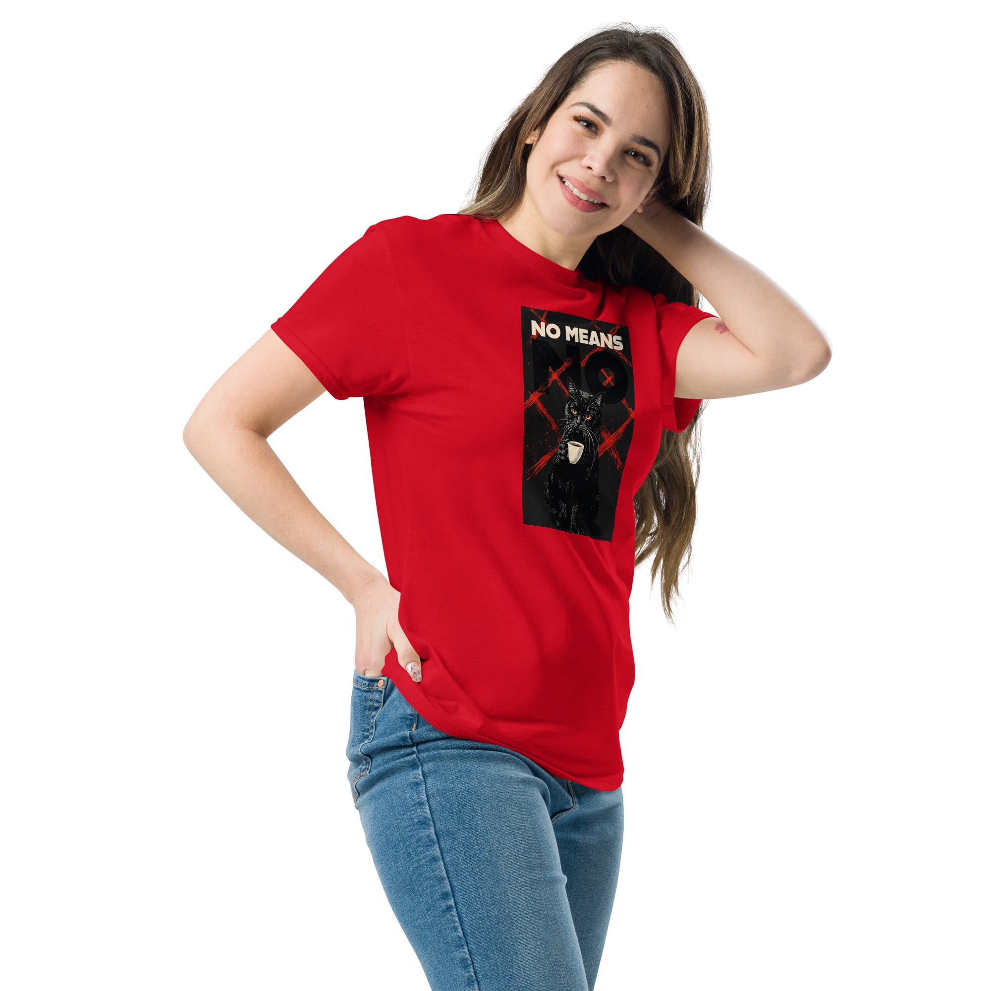 Red unisex classic tee with Cat No Means No print design, front-left angle view – iNKORART Studio