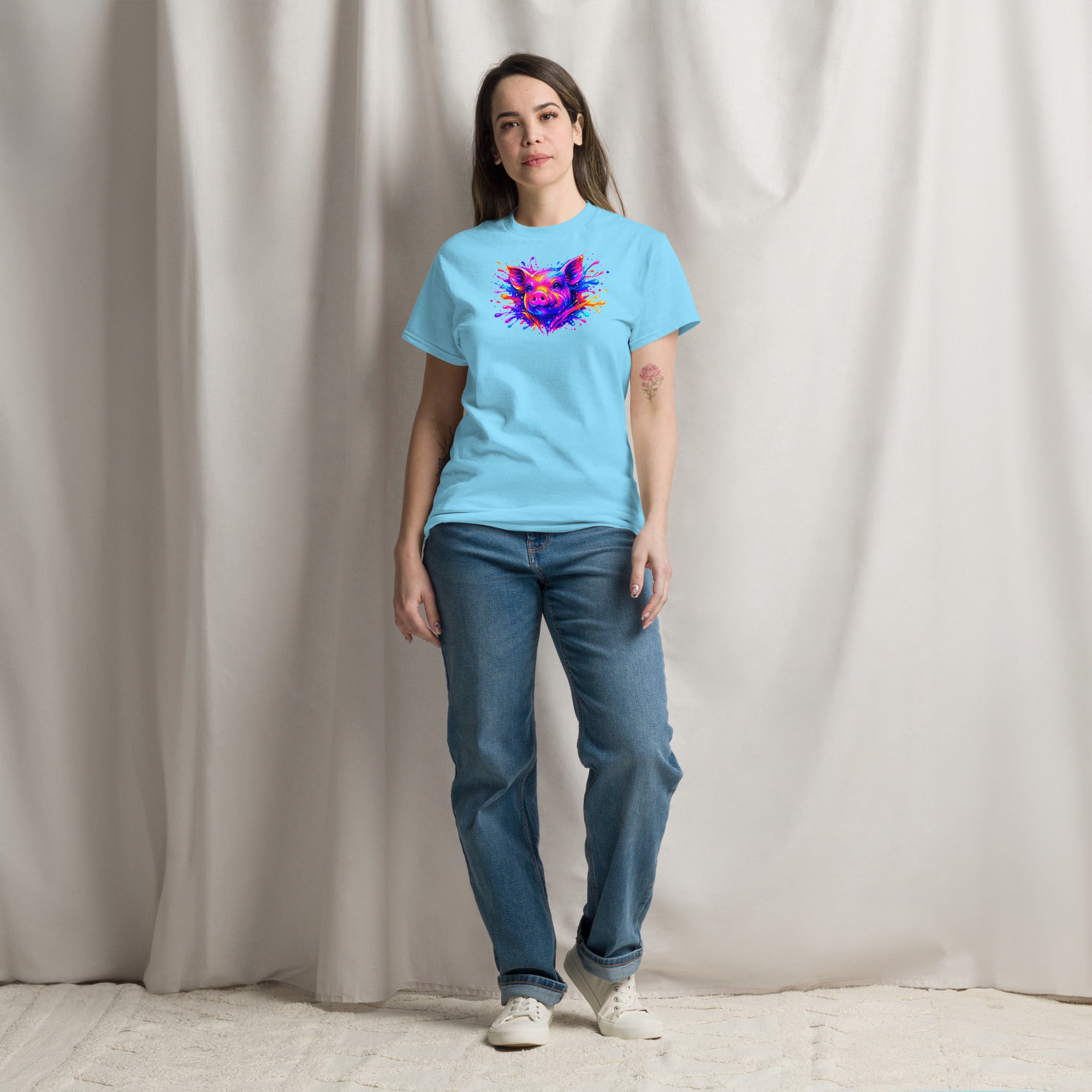 Sky unisex classic tee with Cute Pig print design, front view – iNKORART Studio