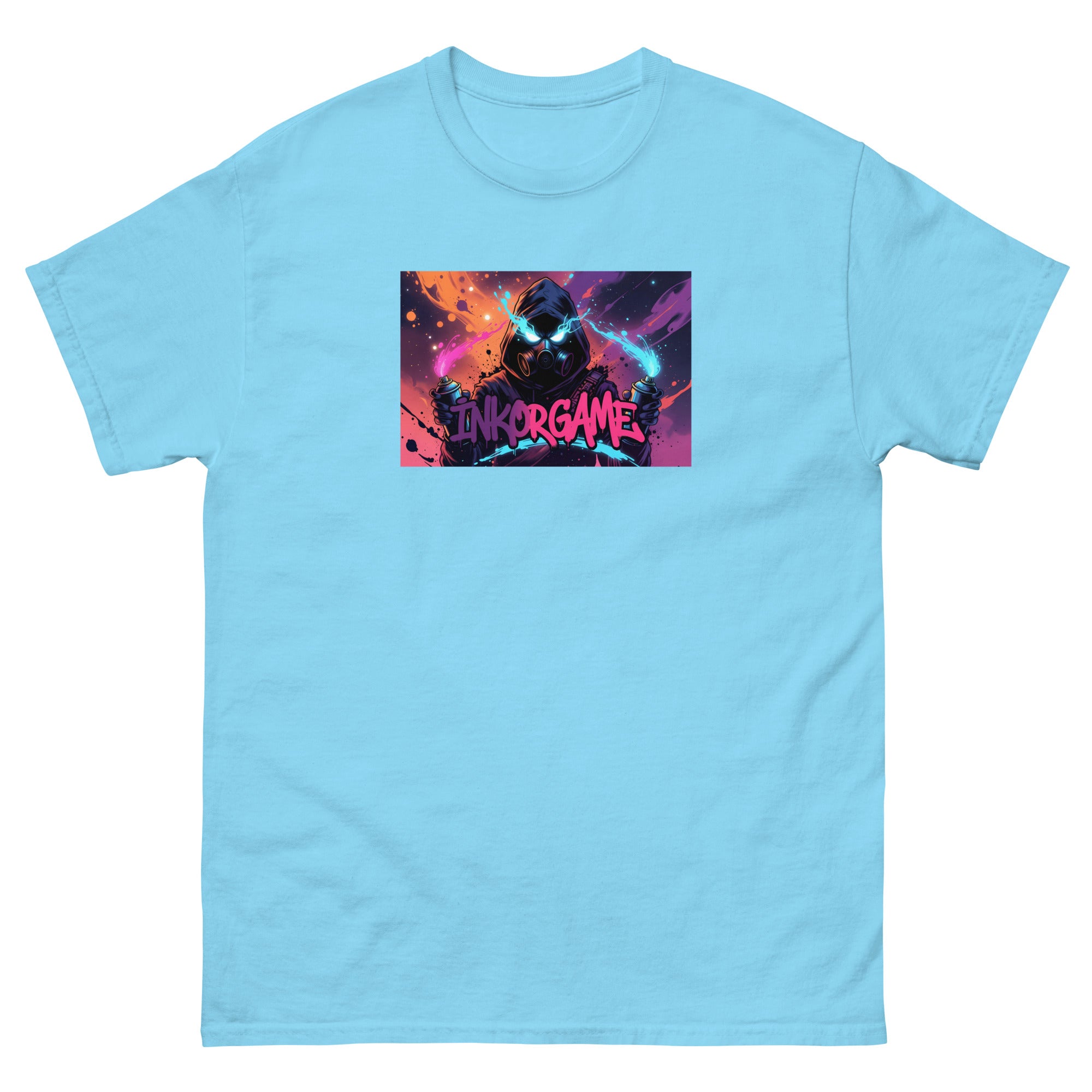 Sky unisex classic tee with Inkorgame print design, front view – iNKORART Studio