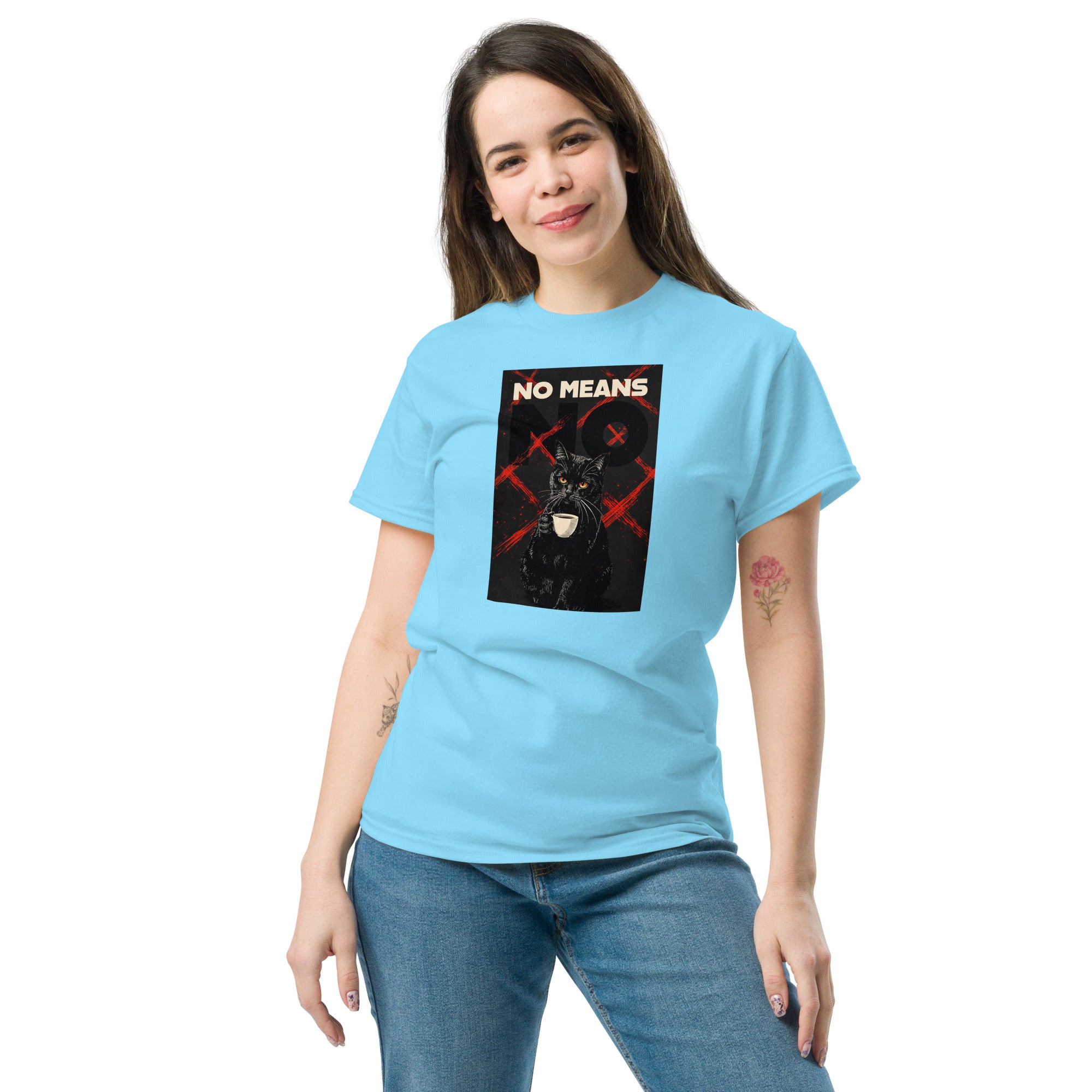 Sky unisex classic tee with Cat No Means No print design, front view – iNKORART Studio