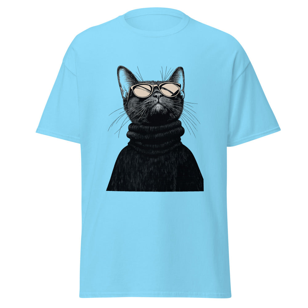 Sky unisex classic tee with Retro Glasses Cat print design, front view – iNKORART Studio
