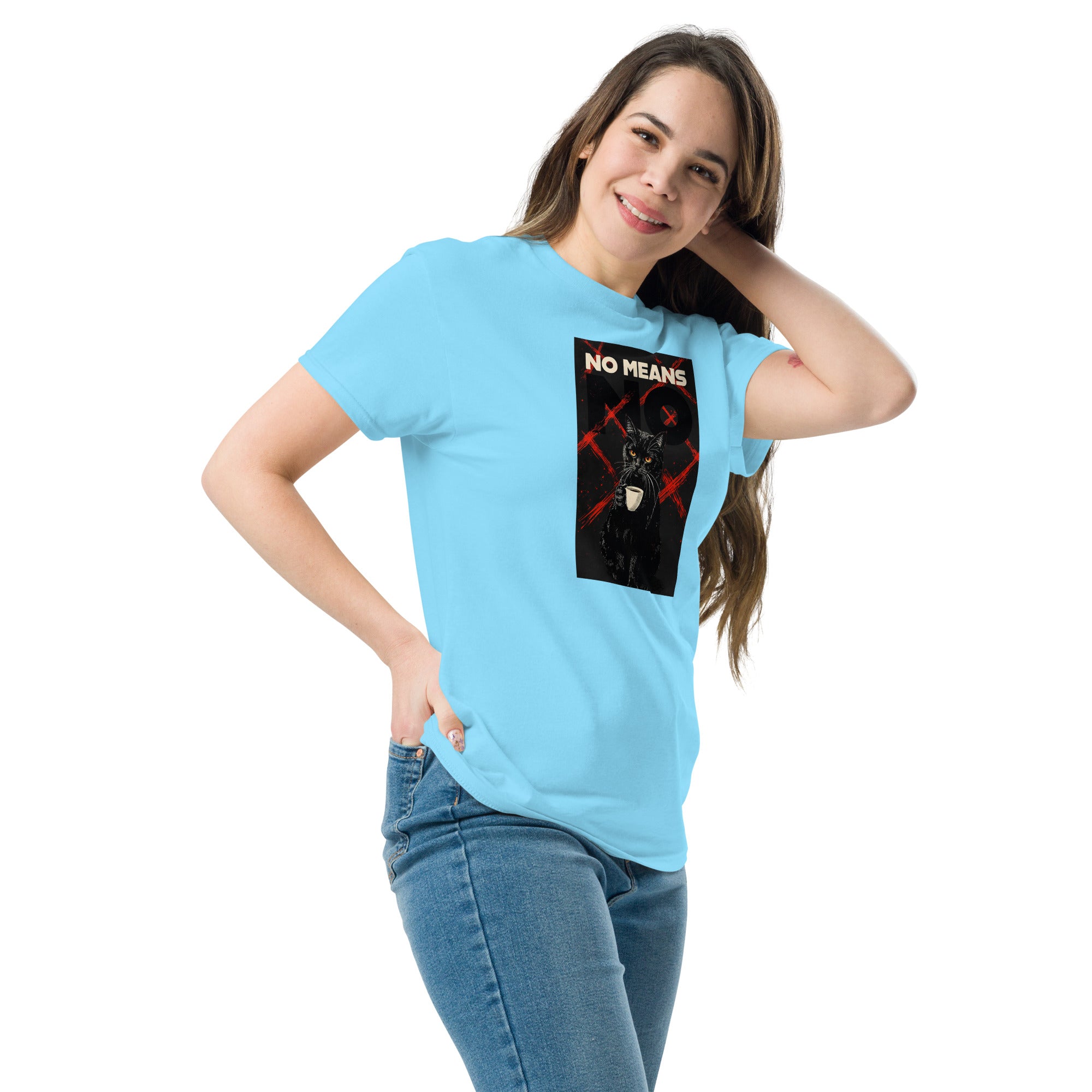 Sky unisex classic tee with Cat No Means No print design, front-left angle view – iNKORART Studio
