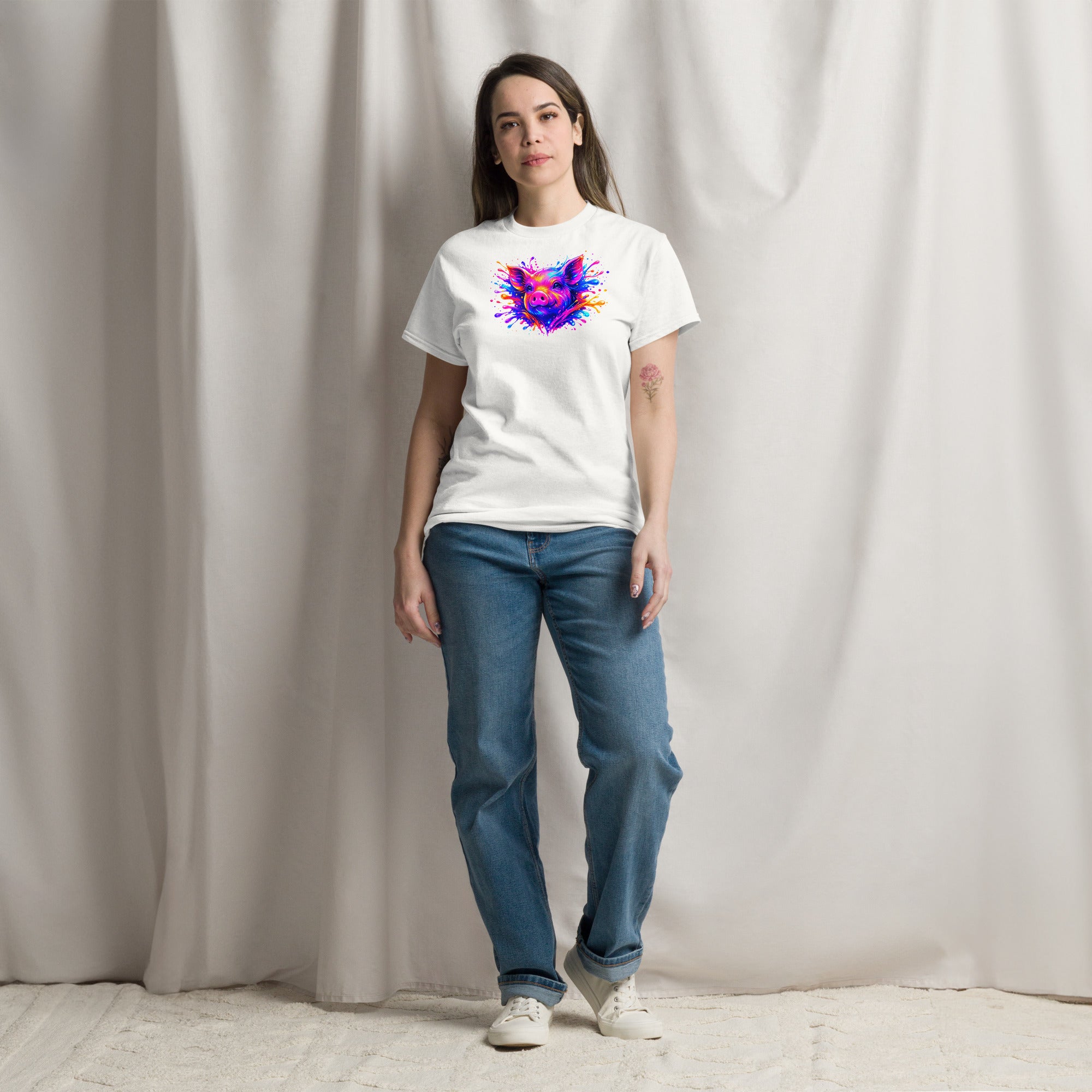 White unisex classic tee with Cute Pig print design, front view – iNKORART Studio