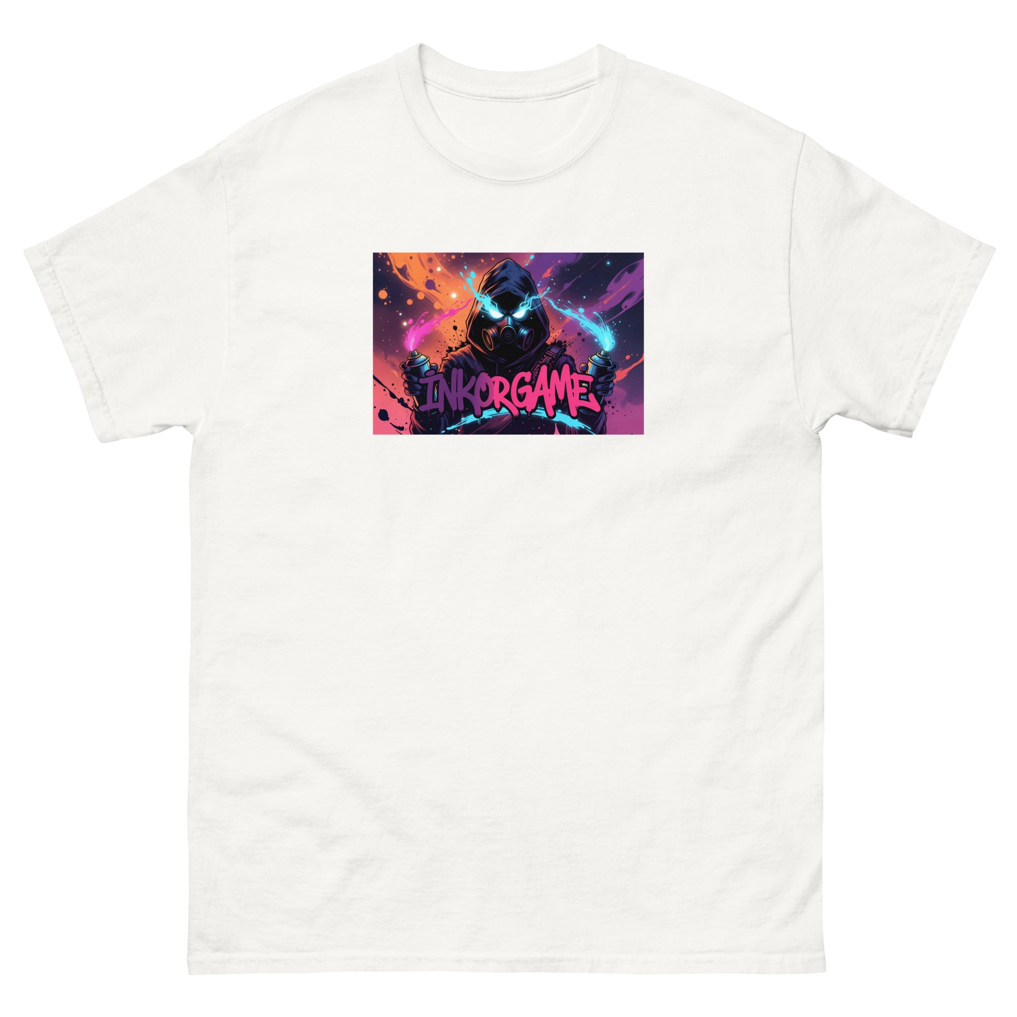 White unisex classic tee with Inkorgame print design, front view – iNKORART Studio