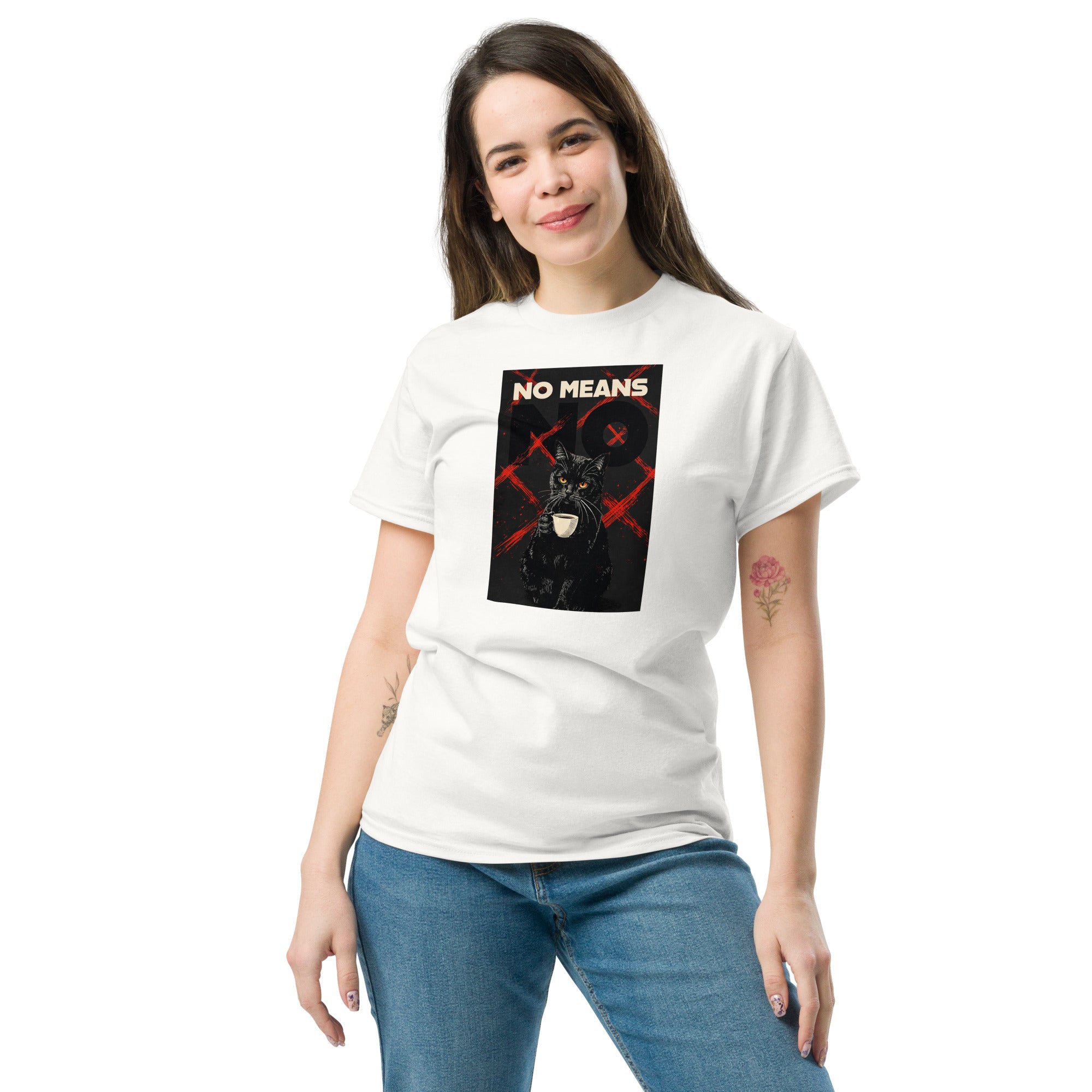 White unisex classic tee with Cat No Means No print design, front view – iNKORART Studio