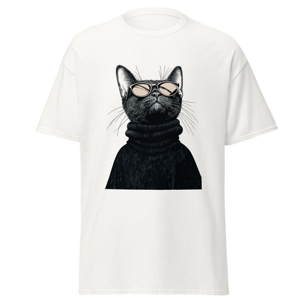 White unisex classic tee with Retro Glasses Cat print design, front view – iNKORART Studio
