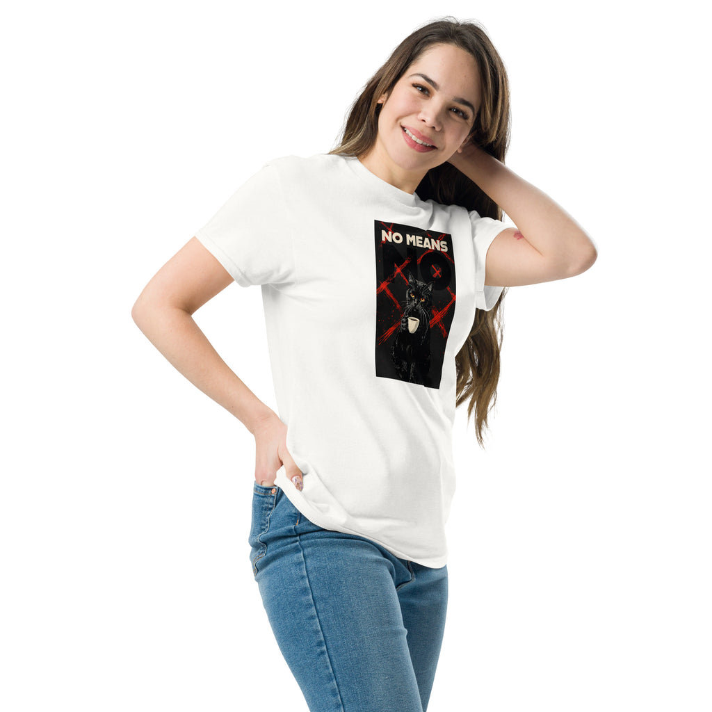White unisex classic tee with Cat No Means No print design, front-left angle view – iNKORART Studio