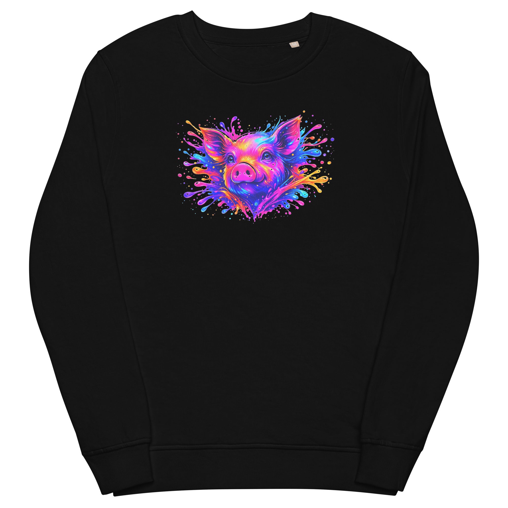 Black unisex organic sweatshirt with Cute Pig print design, front view – iNKORART Studio