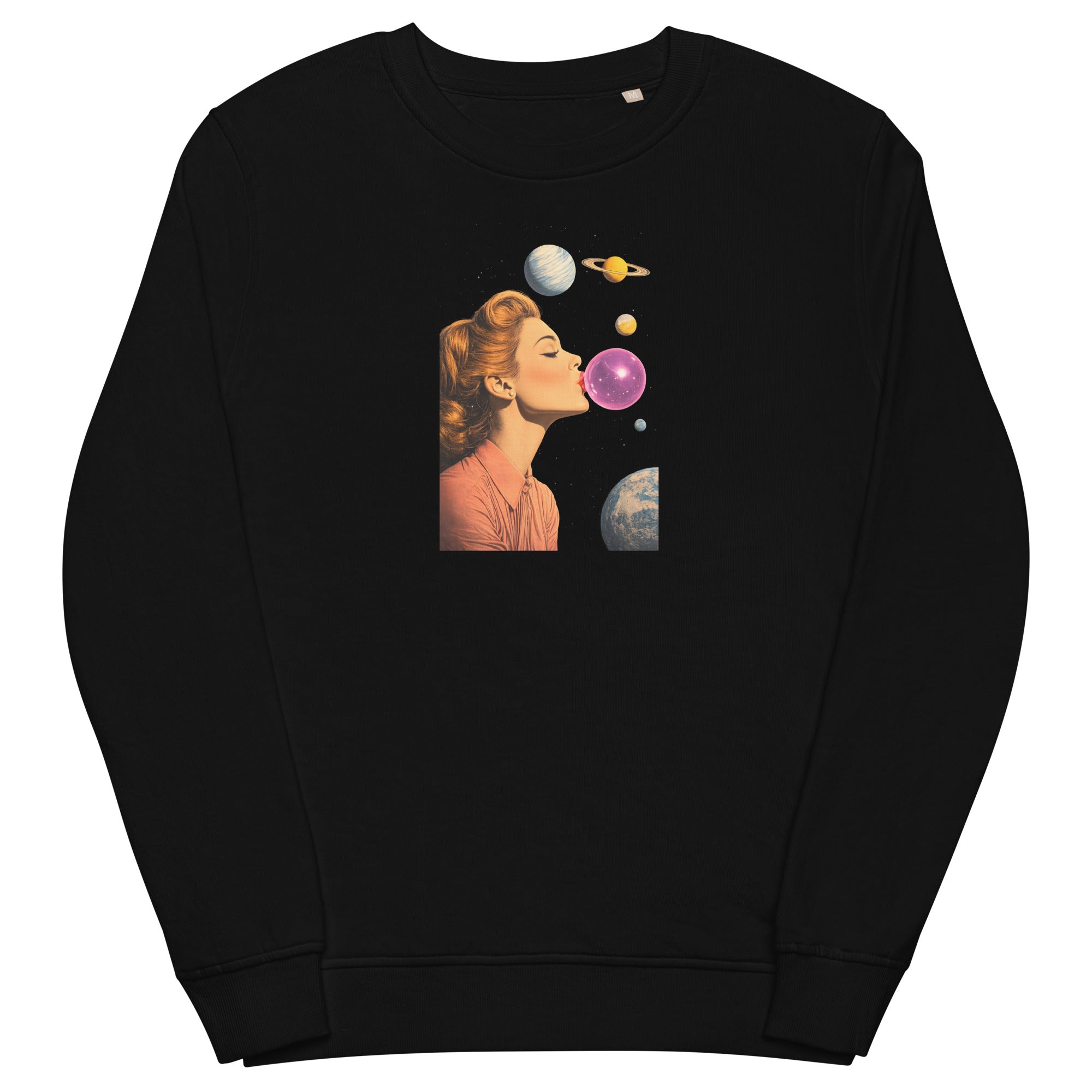 Black unisex organic sweatshirt with Lady Space print design, front view – iNKORART Studio