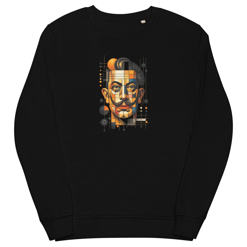 Black unisex organic sweatshirt with Dali print design, front view – iNKORART Studio