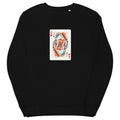 Black unisex organic sweatshirt with Love Card print design, front view – iNKORART Studio