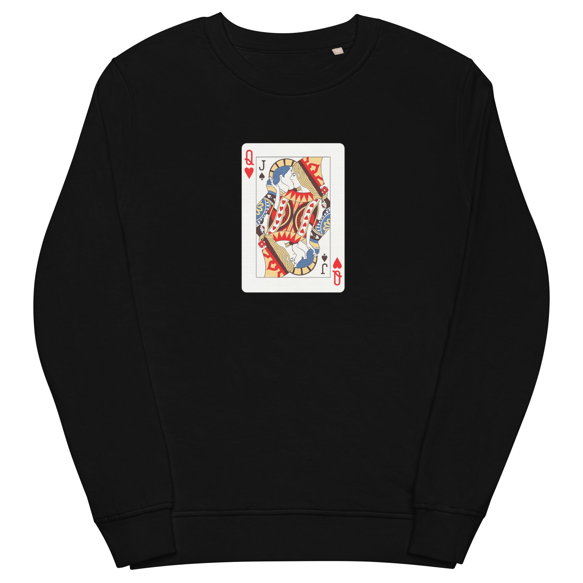 Black unisex organic sweatshirt with Love Card print design, front view – iNKORART Studio