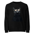 Black unisex organic sweatshirt with Retro Glasses Cat print design, front view – iNKORART Studio