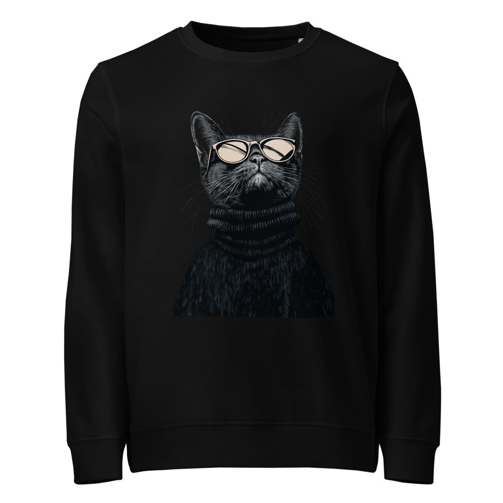 Black unisex organic sweatshirt with Retro Glasses Cat print design, front view – iNKORART Studio