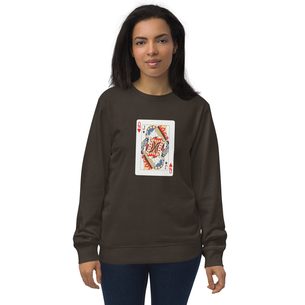 Deep charcoal grey unisex organic sweatshirt with Love Card print design, front view – iNKORART Studio
