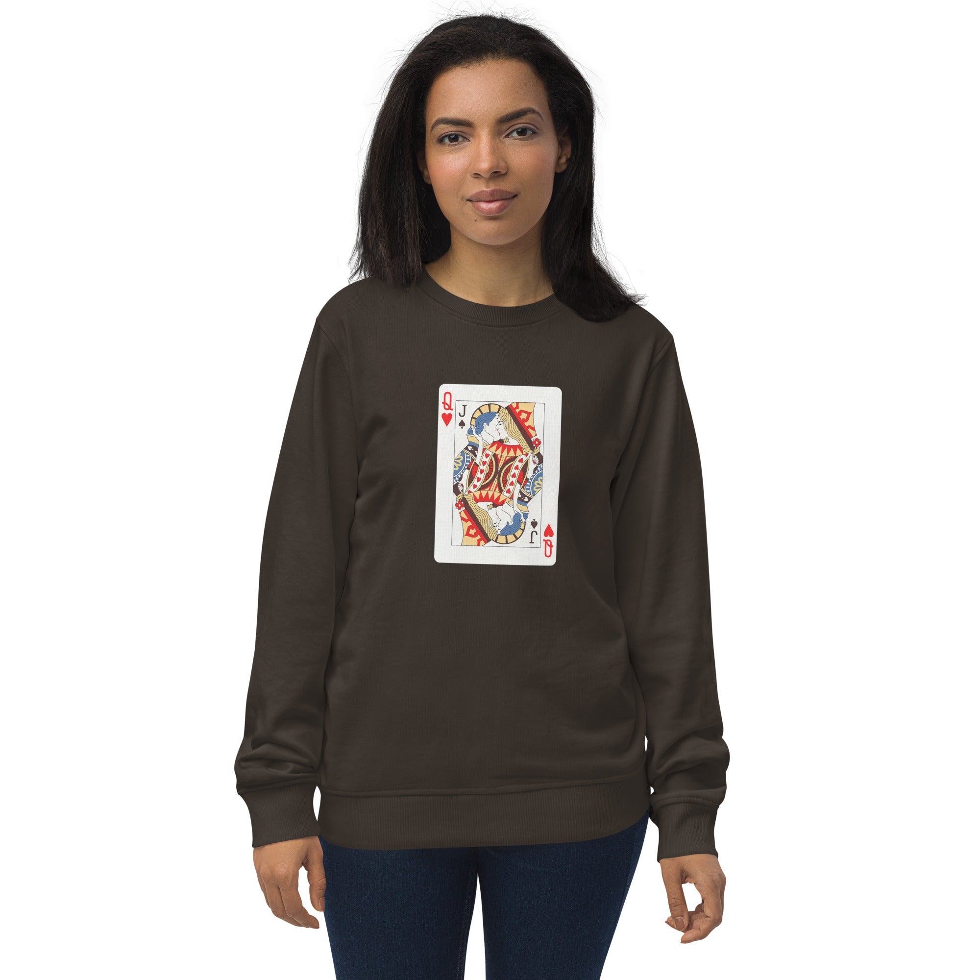 Deep charcoal grey unisex organic sweatshirt with Love Card print design, front view – iNKORART Studio