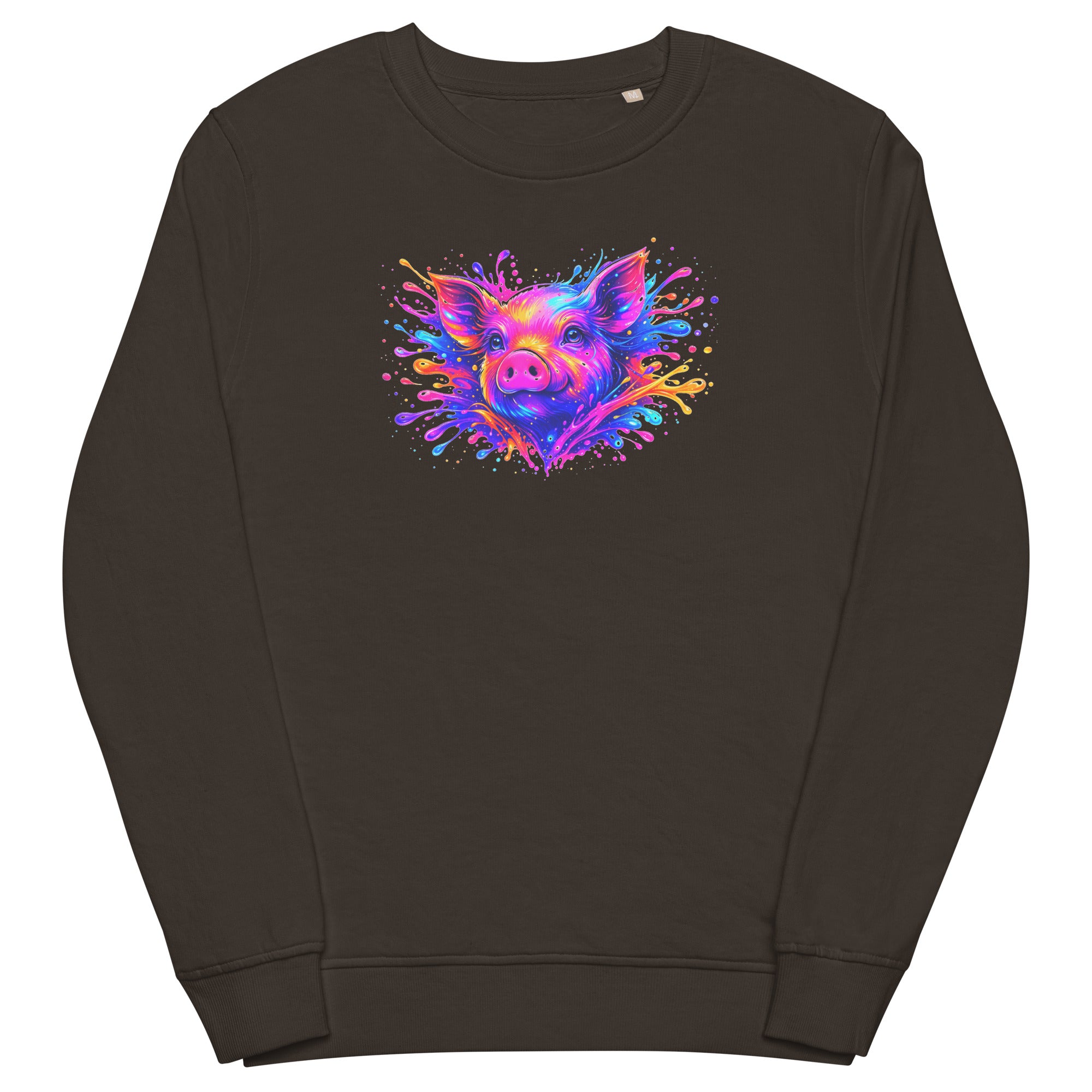 Deep charcoal grey unisex organic sweatshirt with Cute Pig print design, front view – iNKORART Studio