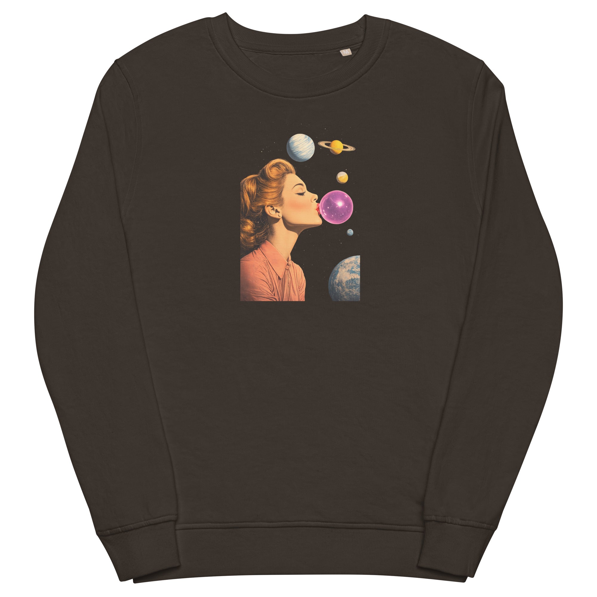 Deep charcoal grey unisex organic sweatshirt with Lady Space print design, front view – iNKORART Studio