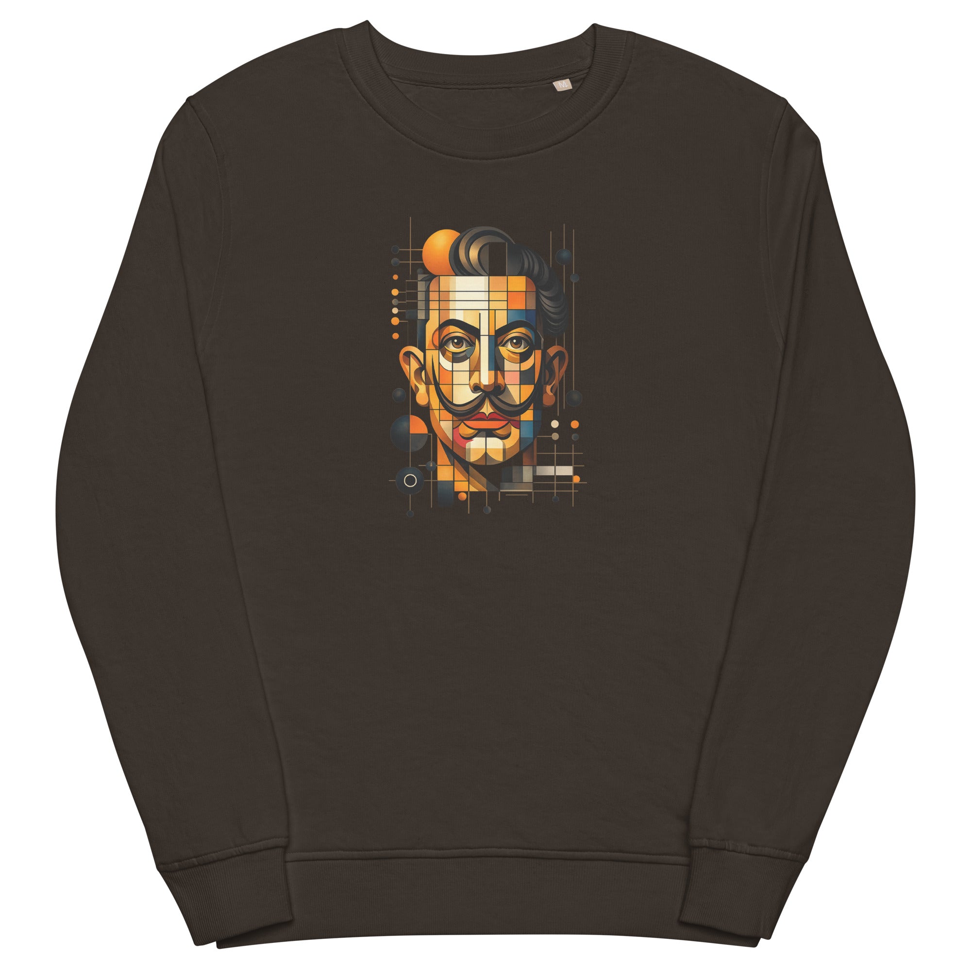 Deep charcoal grey unisex organic sweatshirt with Dali print design, front view – iNKORART Studio