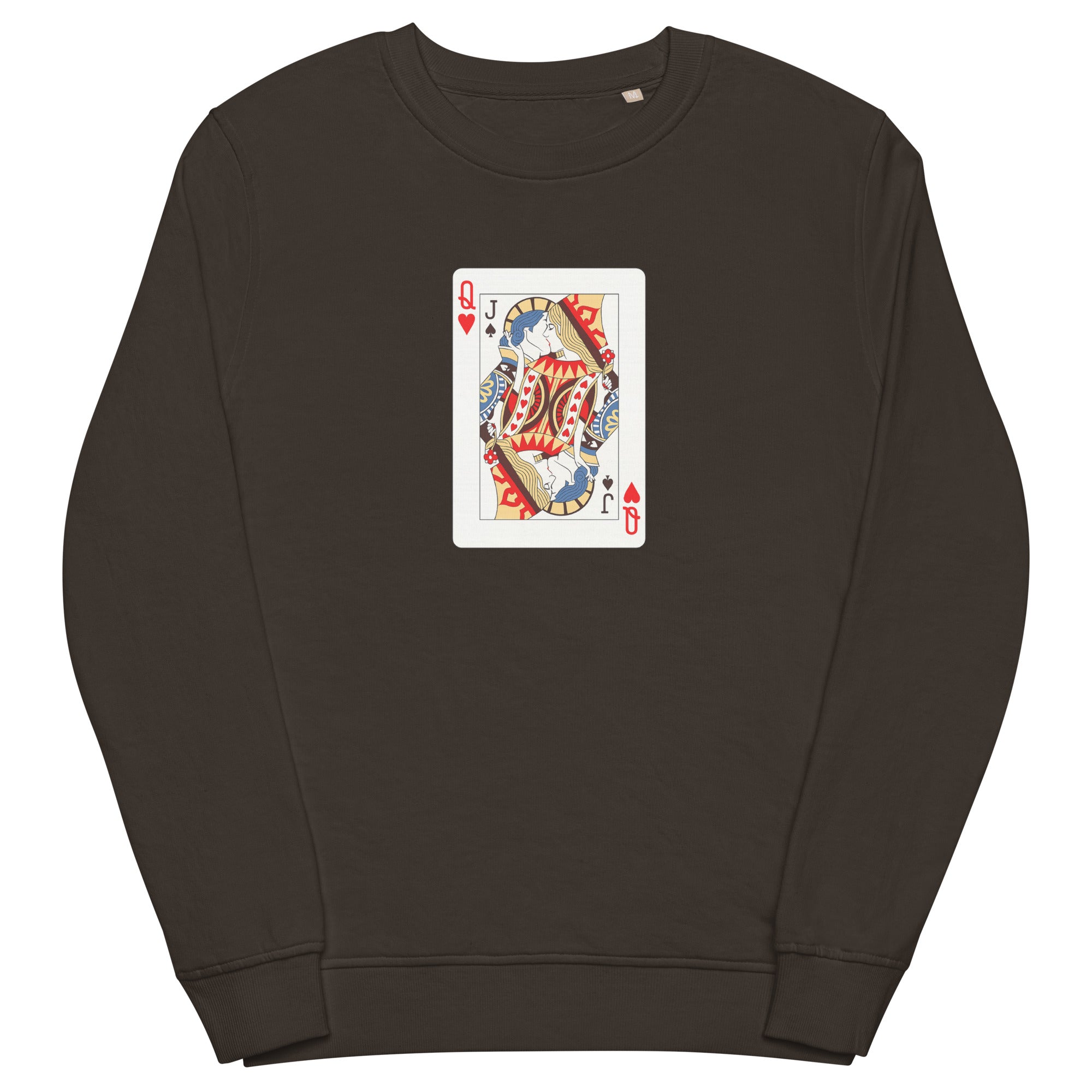 Deep charcoal grey unisex organic sweatshirt with Love Card print design, front view – iNKORART Studio