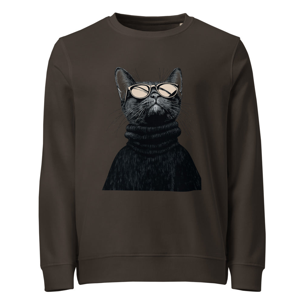 Deep Charcoal Grey unisex organic sweatshirt with Retro Glasses Cat print design, front view – iNKORART Studio