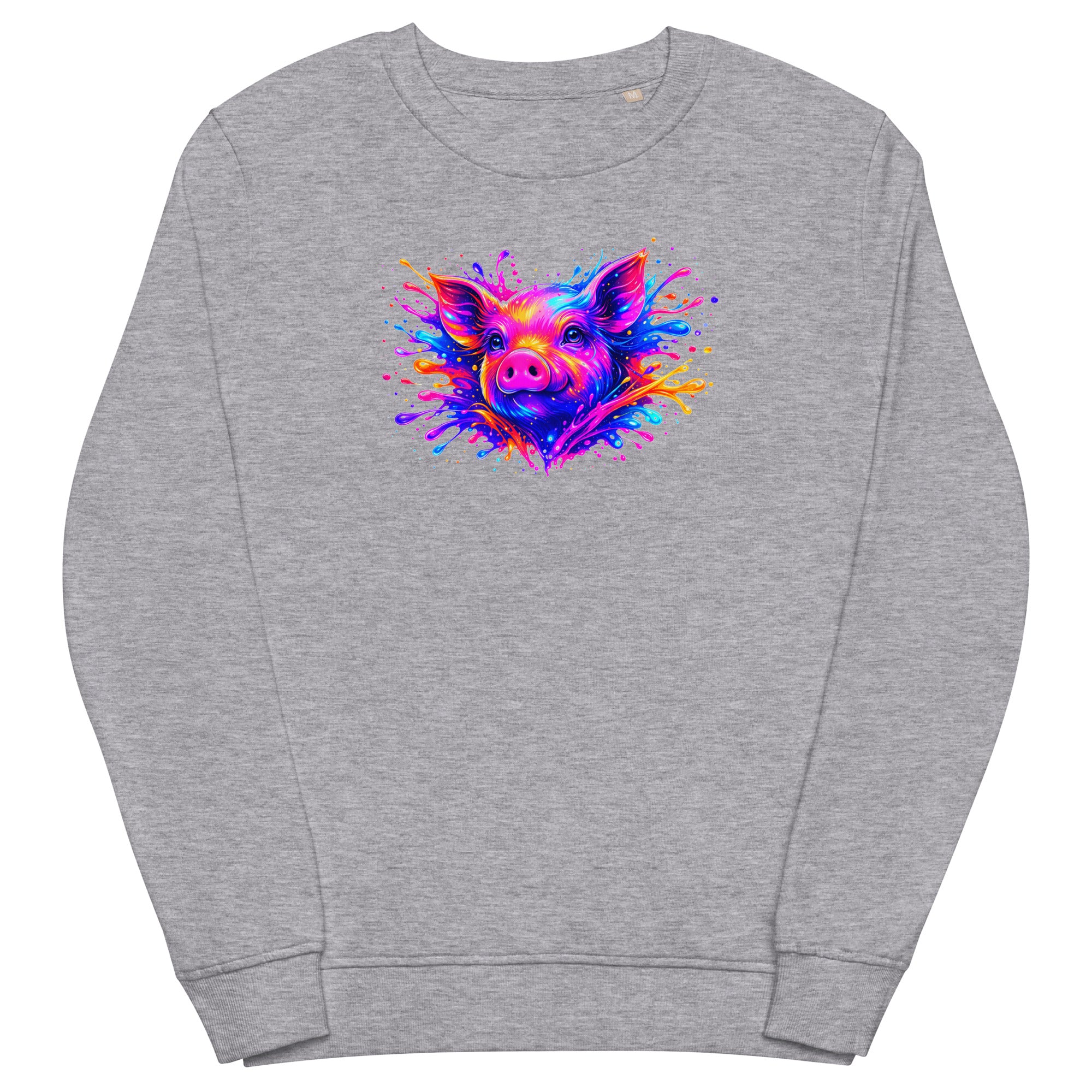 Grey melange unisex organic sweatshirt with Cute Pig print design, front view – iNKORART Studio